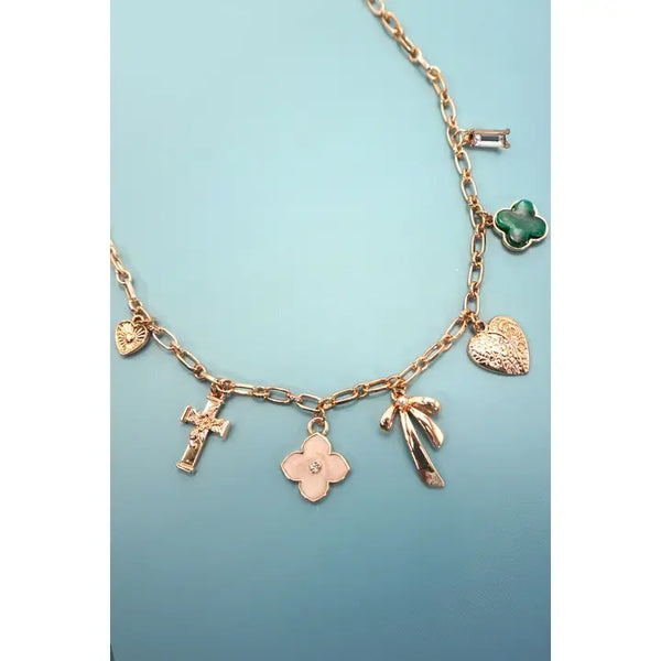 Charm Necklace-Green Detail Bow Cross Heart