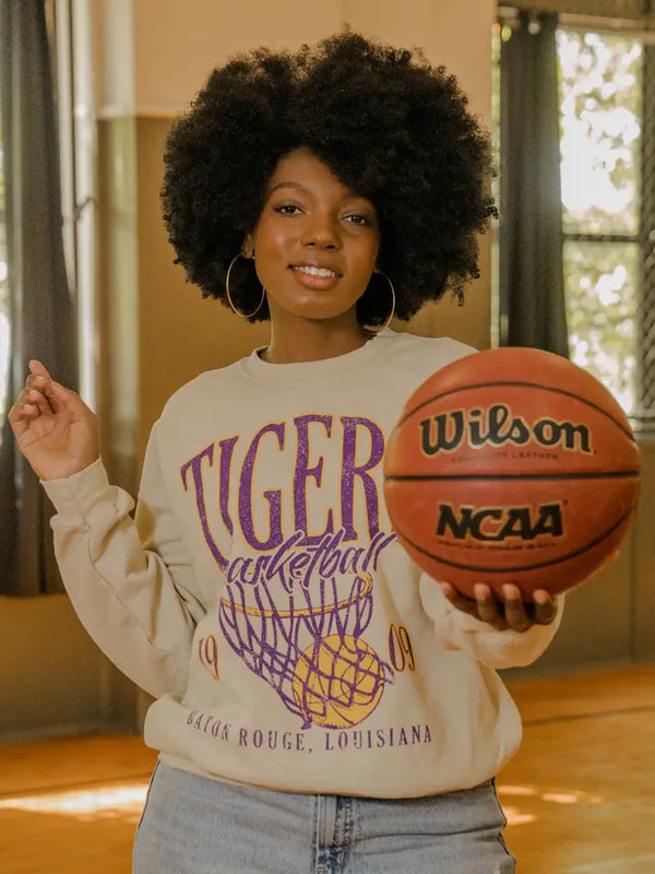 Geaux Lsu Tigers Big Basketball Sand Thrifted Sweatshirt