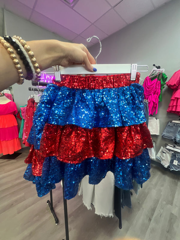 Pop Off Red and Blue Sequin Skirt with Shorts