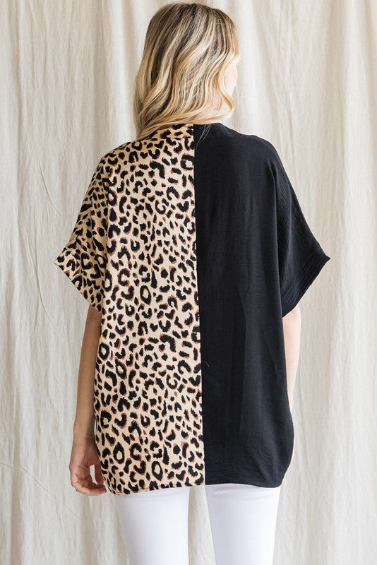 Half and Half Leopard and Black Color Block Top