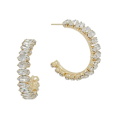 Gold Hoop with Clear Baguettes 1" Earring - Clear