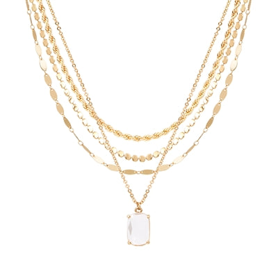 Gold Three Chain Layered with Clear Crystal Stone Drop 16"-18" Necklace