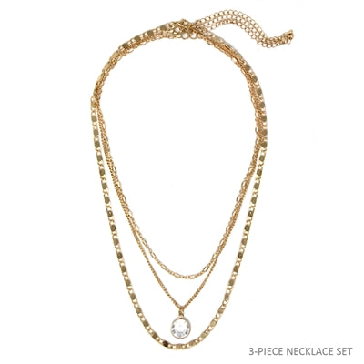 Gold Triple Layered Chain with Crystal Set of 3 16"-18" Necklace