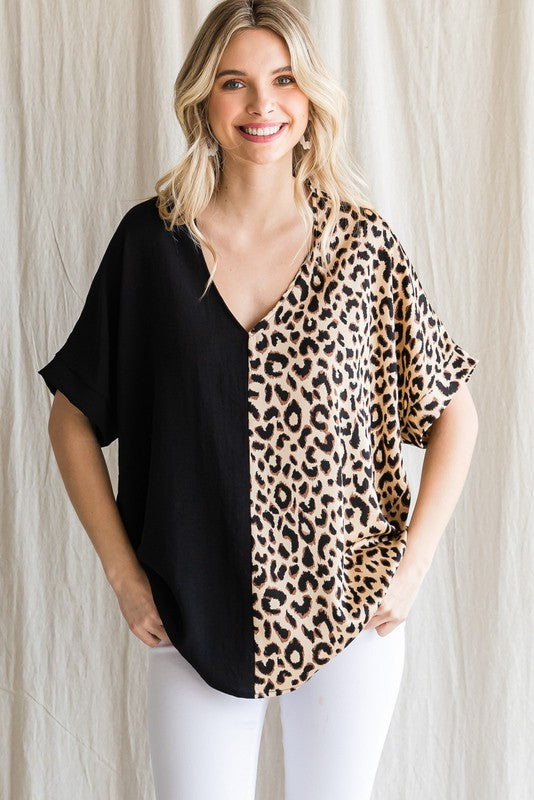 Half and Half Leopard and Black Color Block Top