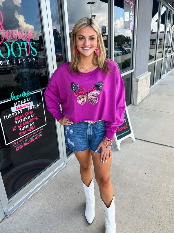 Sequin Butterfly Crop Sweatshirt - Purple