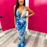 Blue Bloom Halter Maxi Dress
