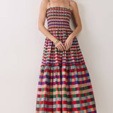 Autumn Rainbow Smocked Bodice Plaid Tiered Maxi Dress