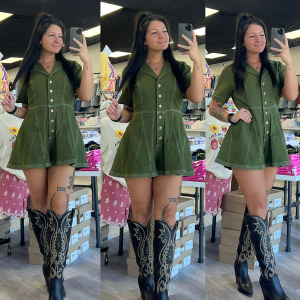 Howdy Babe Olive Denim Romper