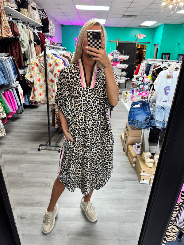 Leopard Dress with Ribbon Collar