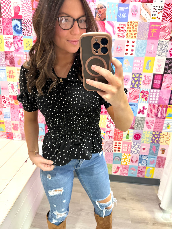 Black and White Polka Dot Collar Top