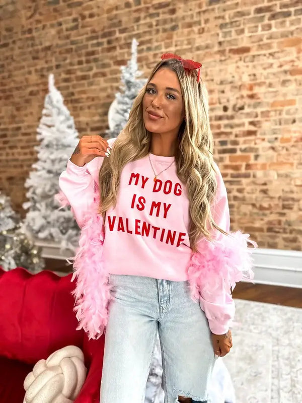My Dog Is My Valentine Red Puff Graphic Pink Crewneck