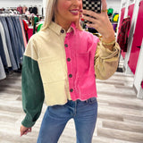 Pink Cream Green Colorblock Shacket