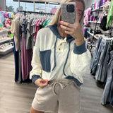 Navy Drawstring Color Contrast Ribbed Top
