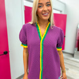 Mardi Gras Woven Contrast Ruffled Puff Sleeves Top