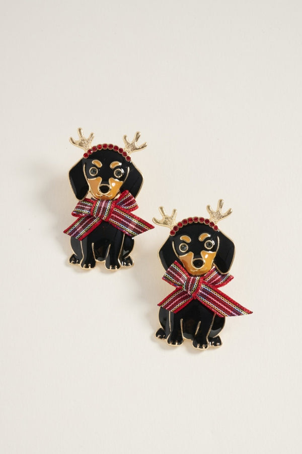 Christmas Dog Dachshund With Ribbon Post Earrings