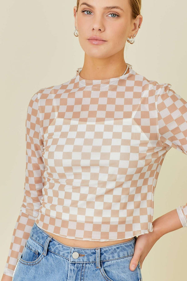 Neutral Mesh Checkered Top