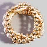Ribbed Gold Bead and Pearl Stretch Bracelet Set