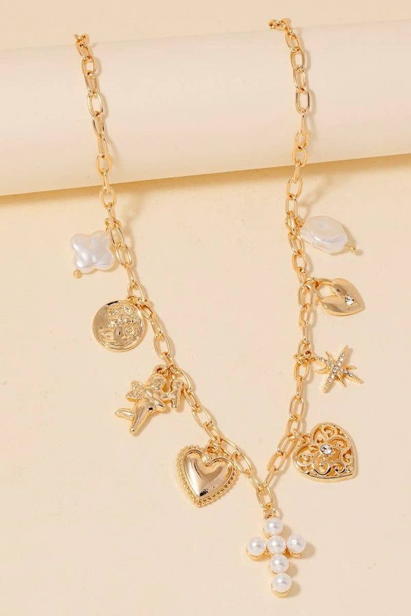 Pearl And Metallic Heart Cross And Cherub Charms Chain Necklace