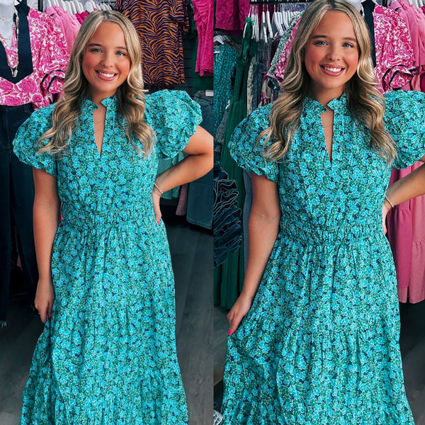 Meadow Mist Blue Green Floral Maxi Dress