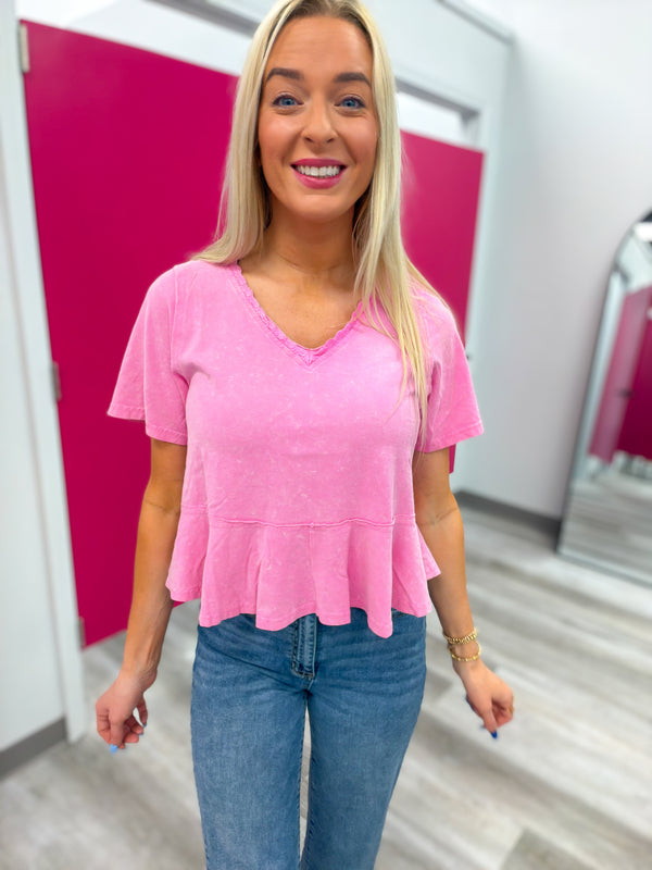 Rosey Little Life Acid Wash V Neck Pink Tee