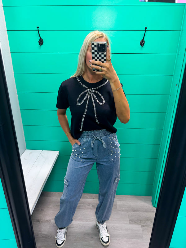 Black Bow Embellished Knit Sweater