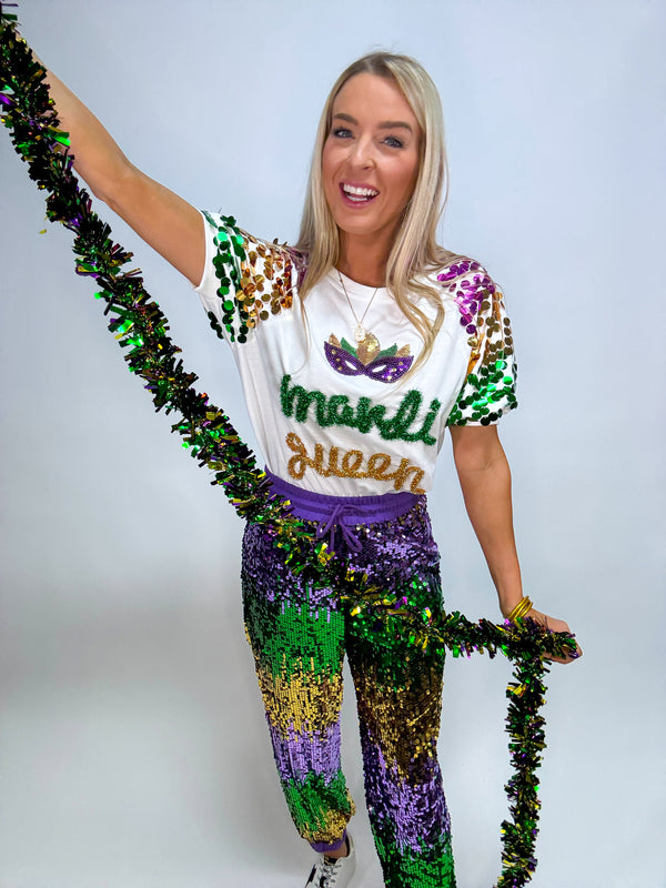 Throw Me Something Mrs. Tinsel Mardi Gras Pullover with Sequins