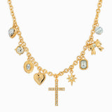 Cross Heart Recon Stone Multi Charm Necklace