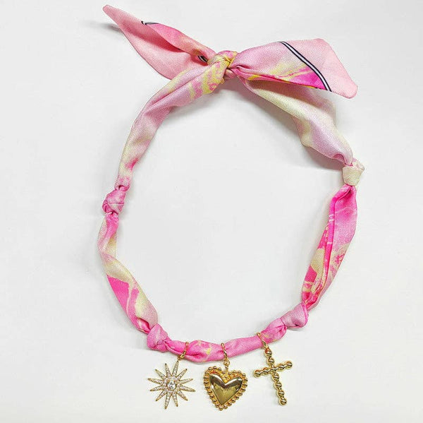 Scarf Necklace Hot Pink/White with 1.25" Bubble Cross, Heart, and Rhinestone Starburst, VERY POPULAR!!