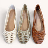 Woven Lattice Ballet Flats with Ribbon Bow Deta