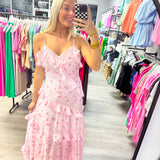 Pink Rose Bow Ruffle Maxi Dress