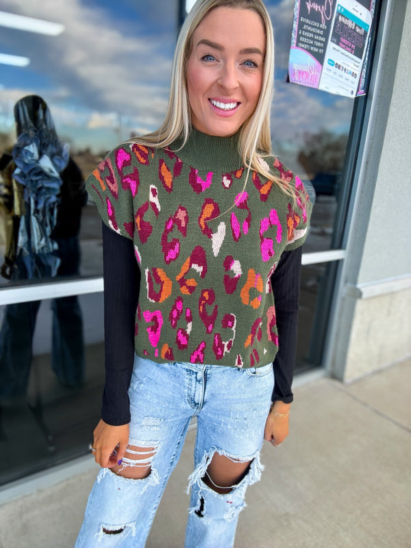 Find My Way Cropped Leopard Sweater - Green
