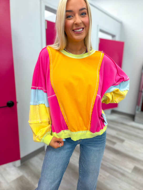 Catching Eyes Bright Colorful Pullover - Hot Pink Orange Lime