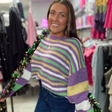 Here for the Beads Mardi Gras Striped Sweater Purple