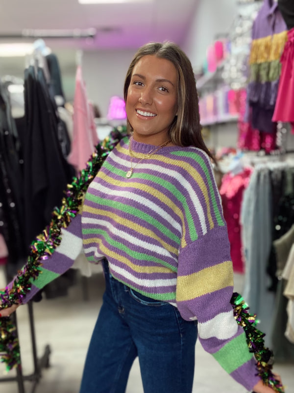 Here for the Beads Mardi Gras Striped Sweater Purple