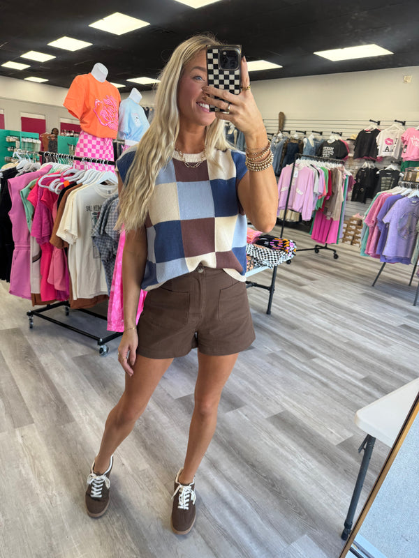 Check It Out Checkered Sweater | Dark Blue Brown Mix