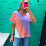 Color Block Lavender Pink Coral Top