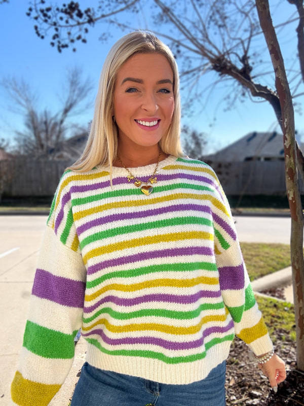 Here for the Beads Mardi Gras Stripe Sweater - Ivory