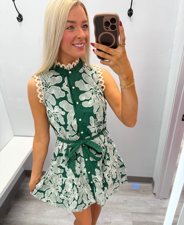 Lace Green Pearl Button Dress