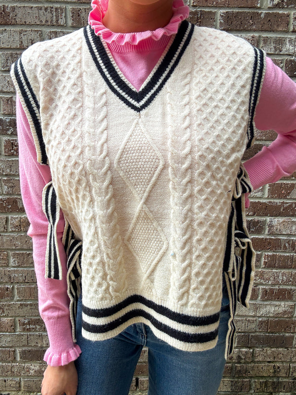 Cream and Black Bow Tie Sweater