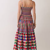 Autumn Rainbow Smocked Bodice Plaid Tiered Maxi Dress