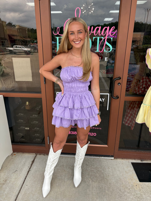 It's My Time Strapless Tired Mini Dress Romper Lavender