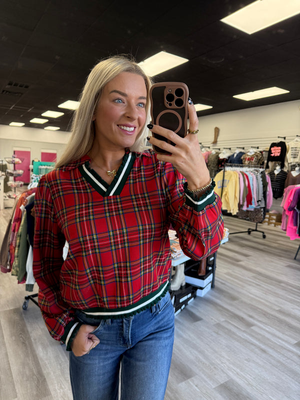 Christmas Plaid Varsity V Neck
