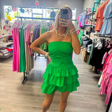 Green Strapless Ruched Tiered Ruffle Mini Dress