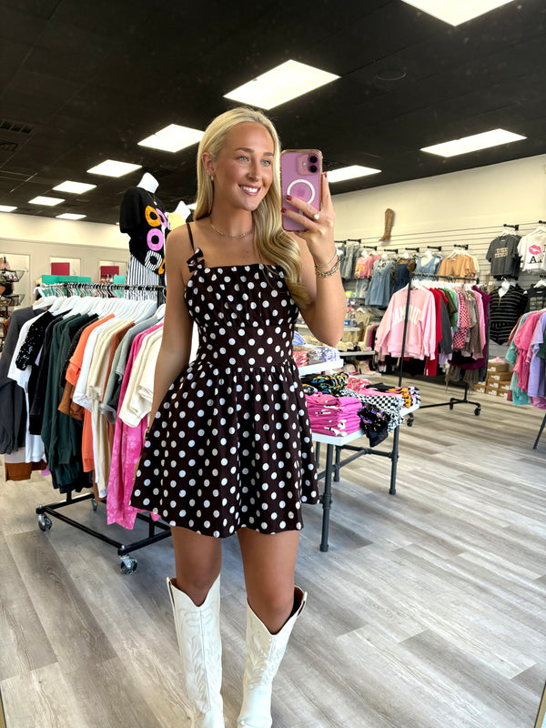 Brown and White Polka Dot Dress Bow Straps