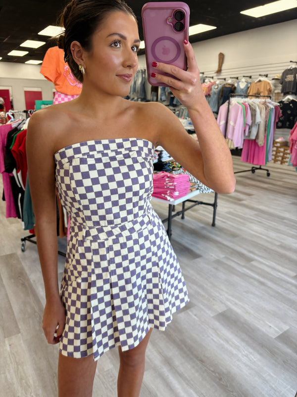 Checkerboard Denim Strapless Mini Romper Dress