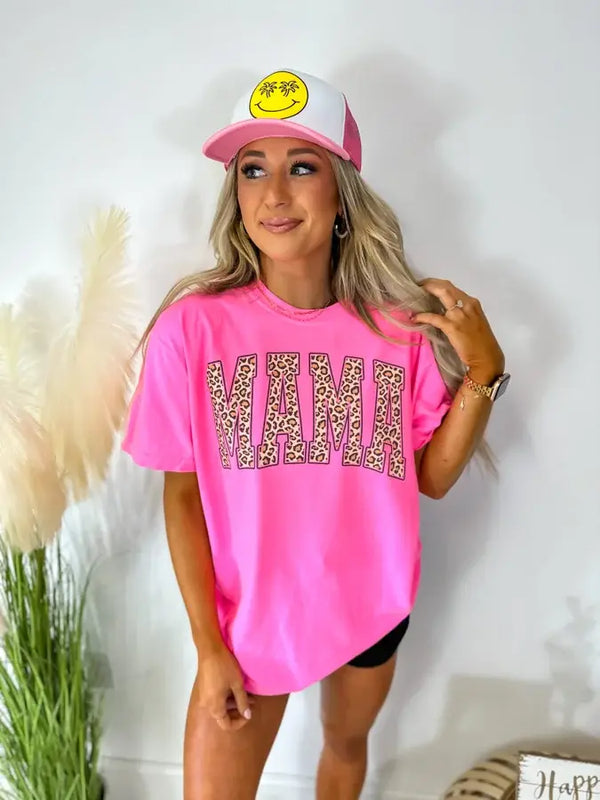 Neon Pink Leopard Mama Graphic Tee