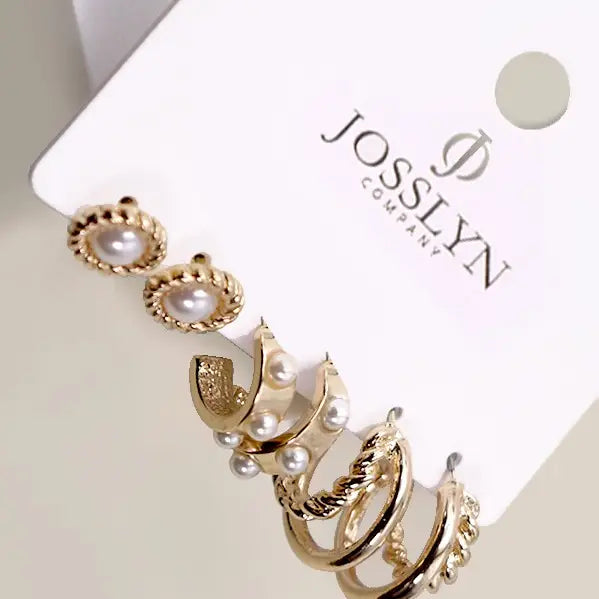 Gold Pearl Hoop Stud Trio Earrings