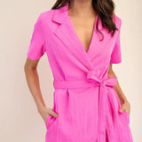 Pink Lapel Collar Short Sleeves Romper