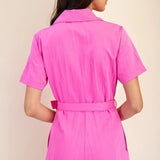 Pink Lapel Collar Short Sleeves Romper