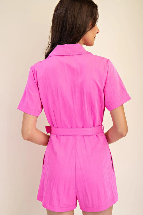 Pink Lapel Collar Short Sleeves Romper